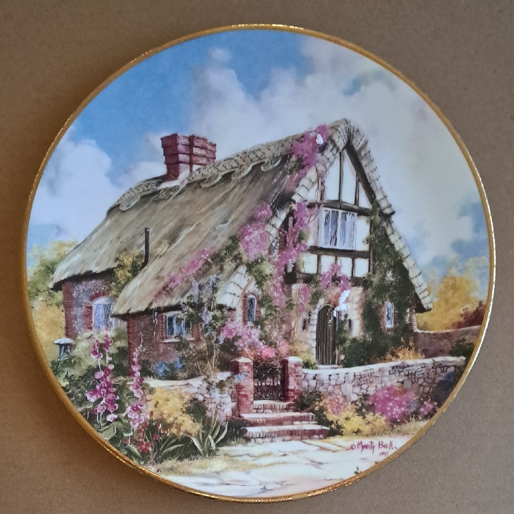 Wepham Cottage Decorative Plate, by Marty Bell, English Bone China, 1992, 8-1/2"